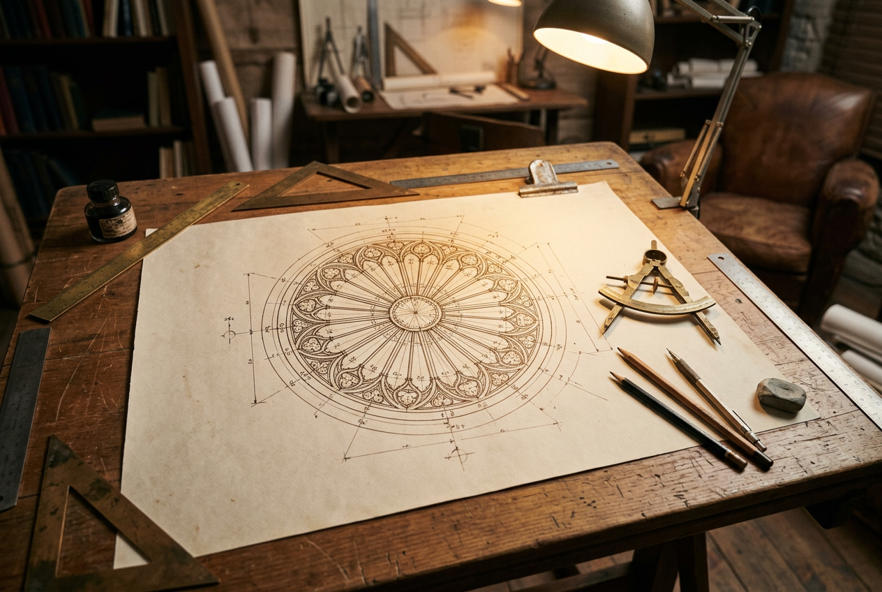 Pencil study translating tracery into a dial