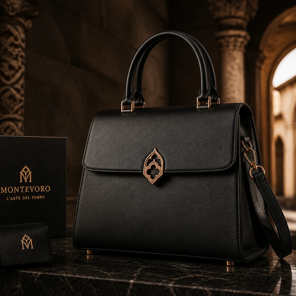MONTEVORO handbag in black leather with a rose gold monogram clasp