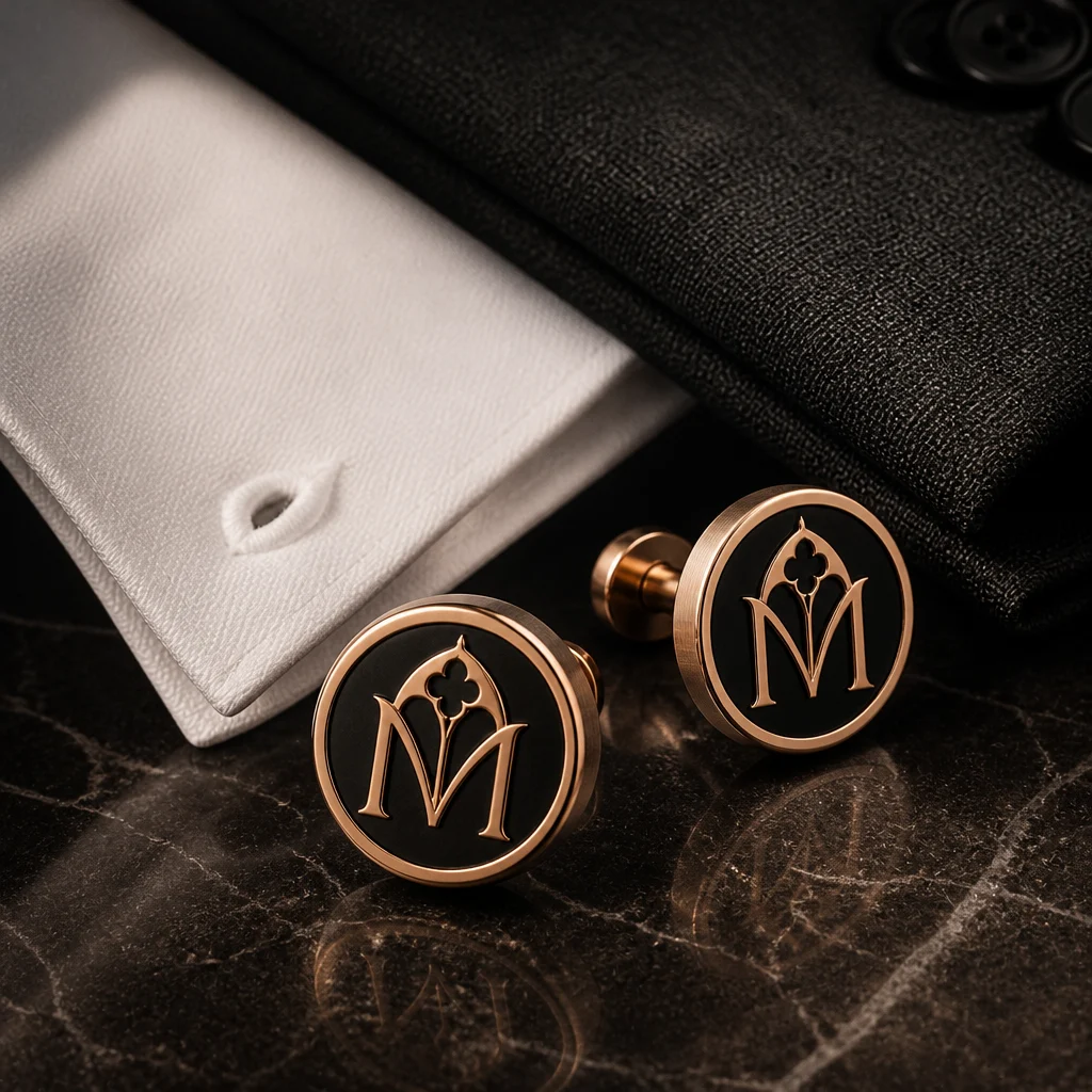 MONTEVORO cufflink with gothic tracery face worn on a white shirt cuff