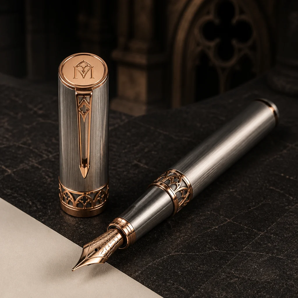 MONTEVORO pen in black PVD with rose gold cap band, uncapped